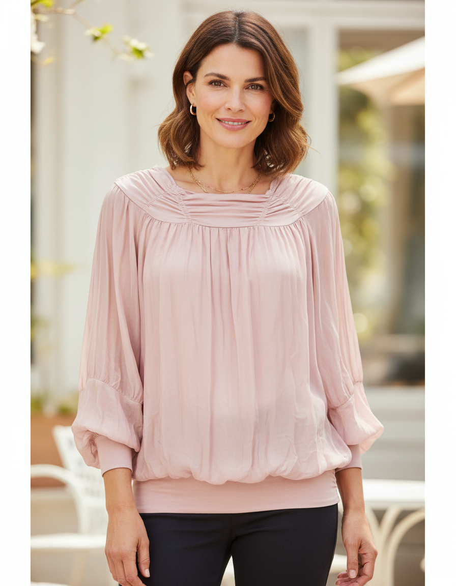 Ruched Neck Silk Blouse