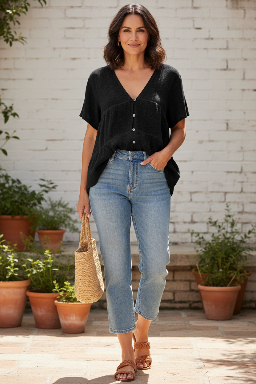 Button Tiered Linen Top