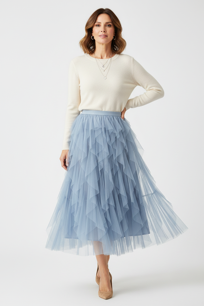 Ruffle Tulle Midi Skirt