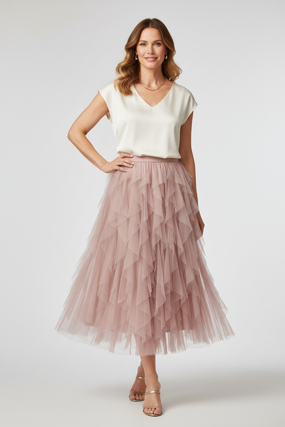 Ruffle Tulle Midi Skirt
