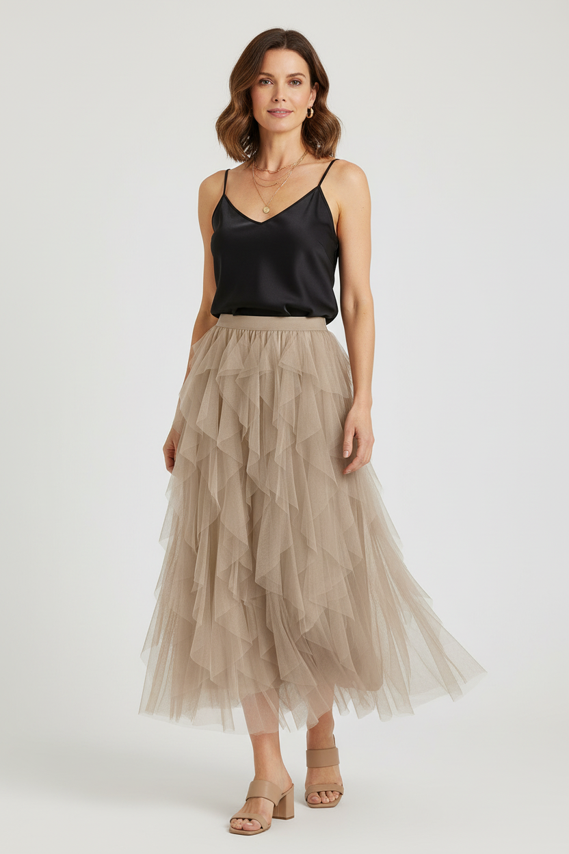 Ruffle Tulle Midi Skirt