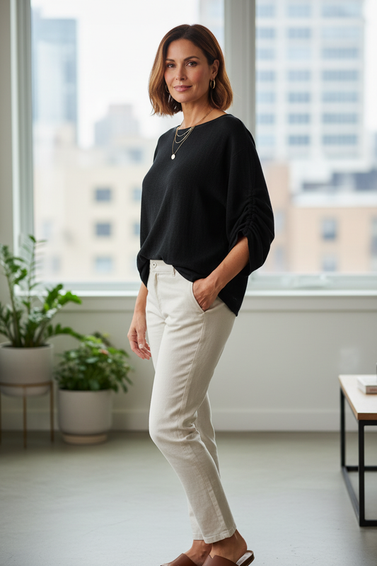 Ruched Sleeve Hopsack Top