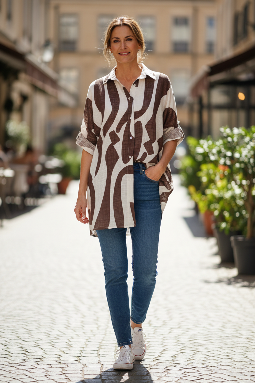 Abstract Print Longline Linen Shirt