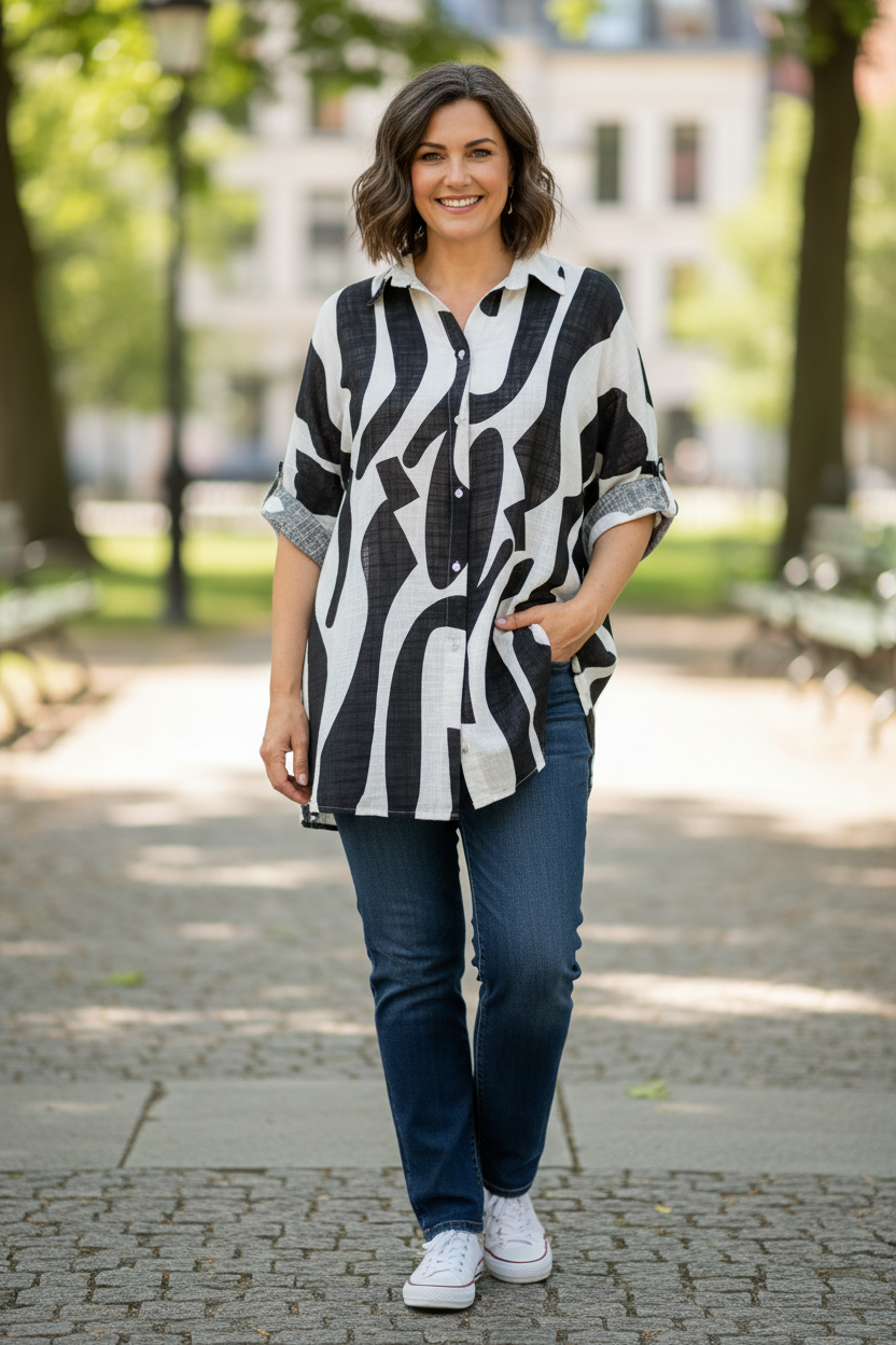 Abstract Print Longline Linen Shirt