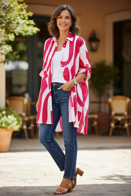 Abstract Print Longline Linen Shirt