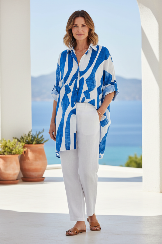 Abstract Print Longline Linen Shirt