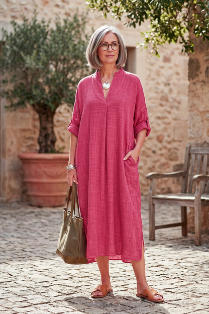 V Neck 2 Pocket Cotton Midi