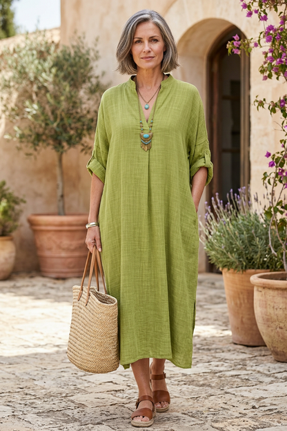 V Neck 2 Pocket Cotton Midi