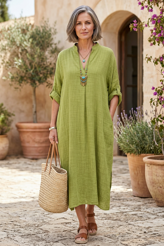 V Neck 2 Pocket Cotton Midi