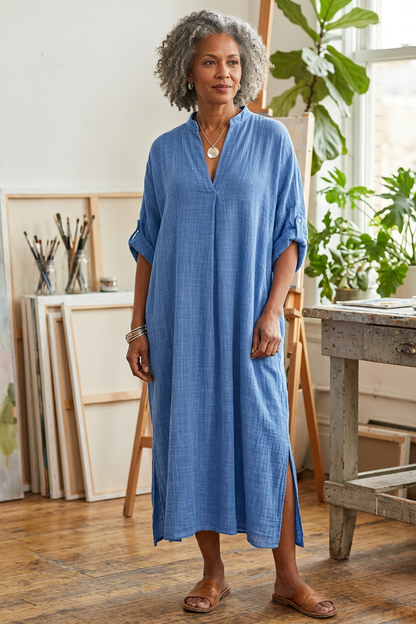 V Neck 2 Pocket Cotton Midi