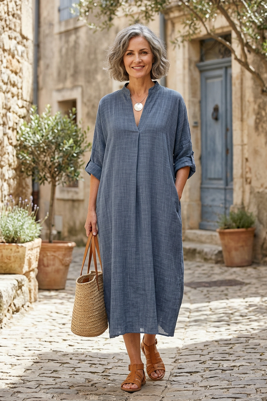 V Neck 2 Pocket Cotton Midi