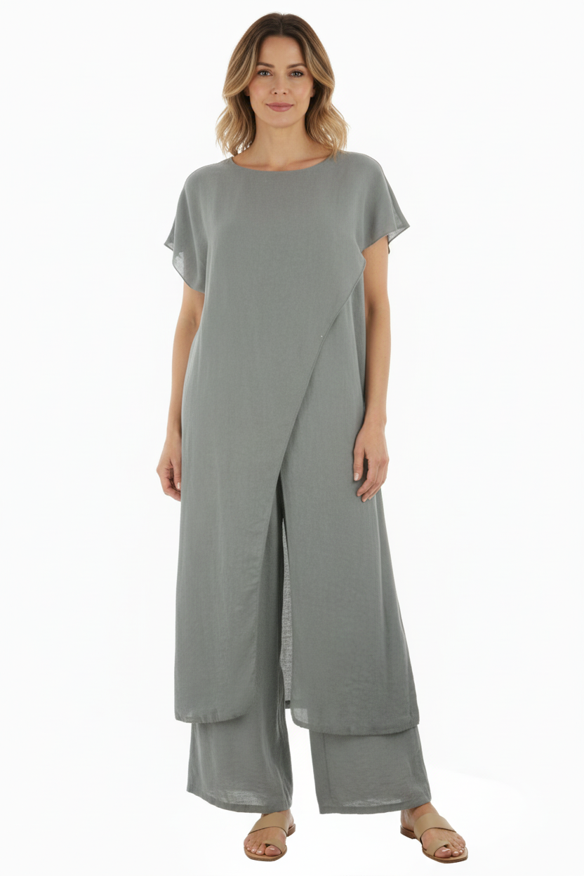 Crossover Tunic Top Wide Leg Trouser Set