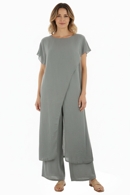 Crossover Tunic Top Wide Leg Trouser Set