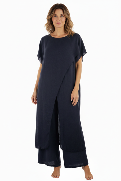 Crossover Tunic Top Wide Leg Trouser Set