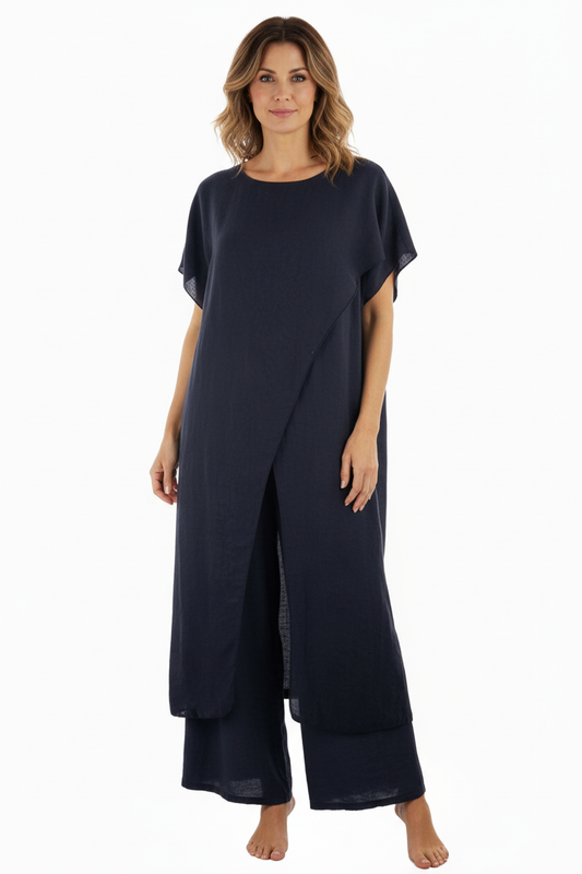 Crossover Tunic Top Wide Leg Trouser Set