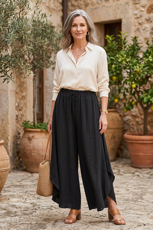 Side Slit Wide Leg Hopsack Linen Trouser