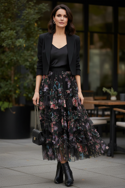 Floral Mesh Tulle Midi Skirt