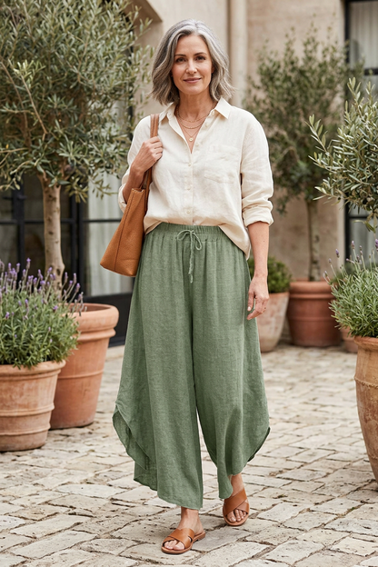Side Slit Wide Leg Teabag Linen Trouser