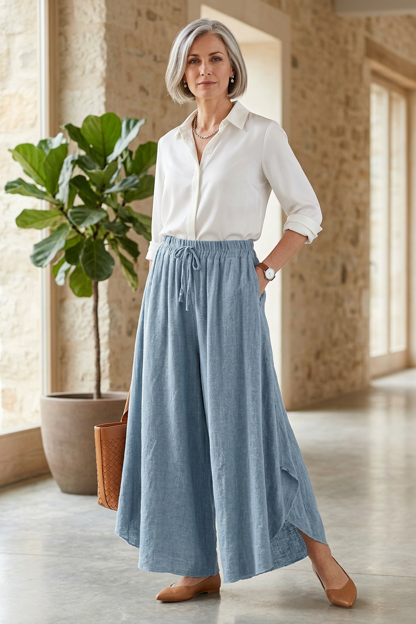 Side Slit Wide Leg Teabag Linen Trouser