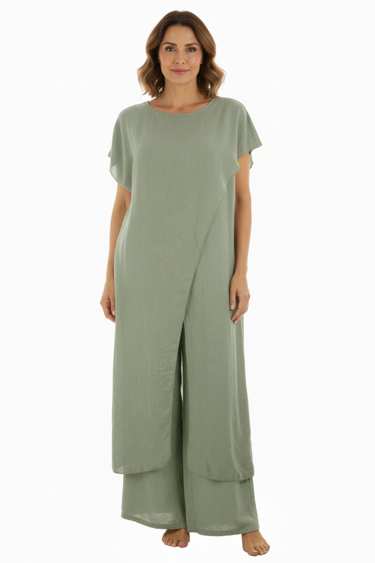 Crossover Tunic Top Wide Leg Trouser Set