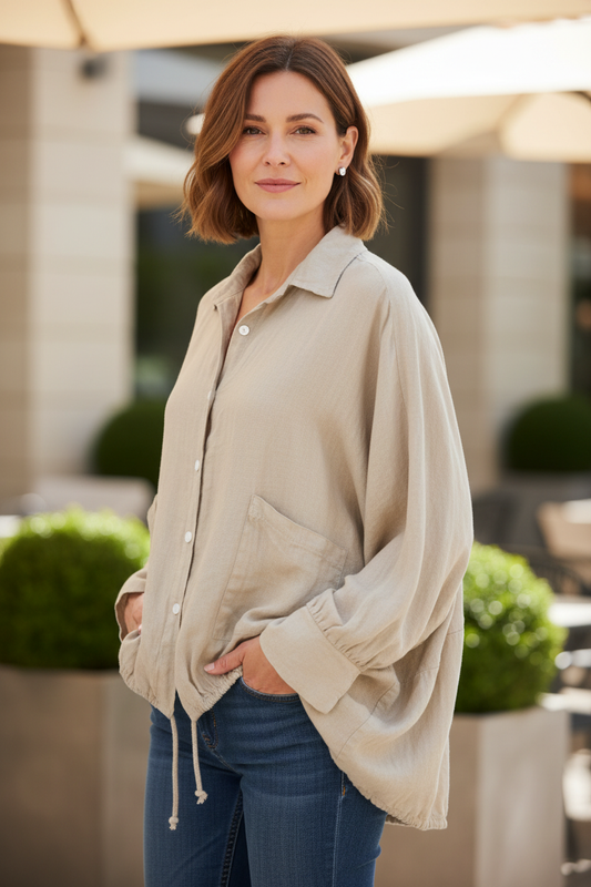 Drawstring Hem Linen Shirt