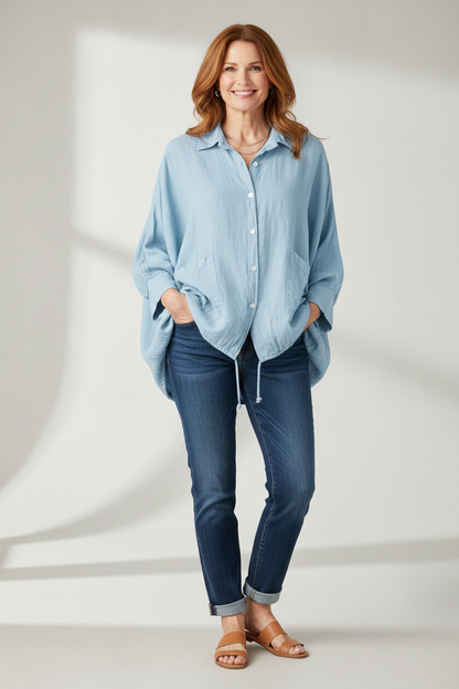 Drawstring Hem Linen Shirt