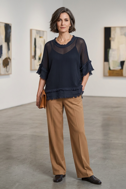 Frayed Trim Mesh Top with Vest