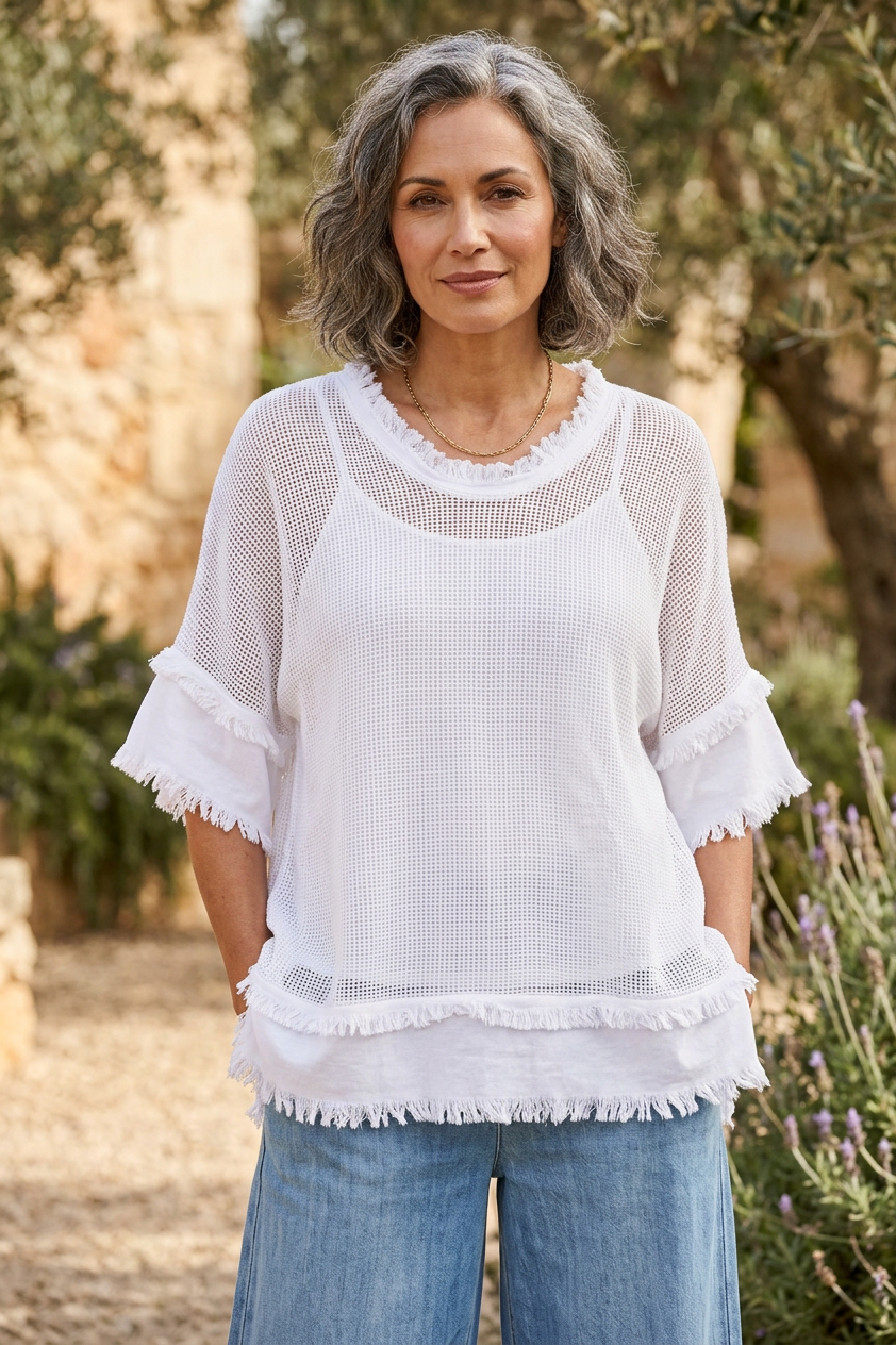 Frayed Trim Mesh Top with Vest