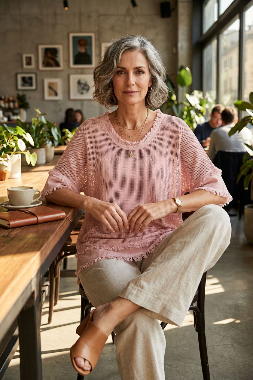 Frayed Trim Mesh Top with Vest