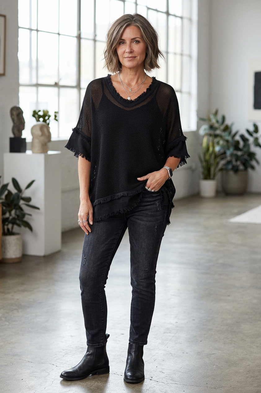 Frayed Trim Mesh Top with Vest