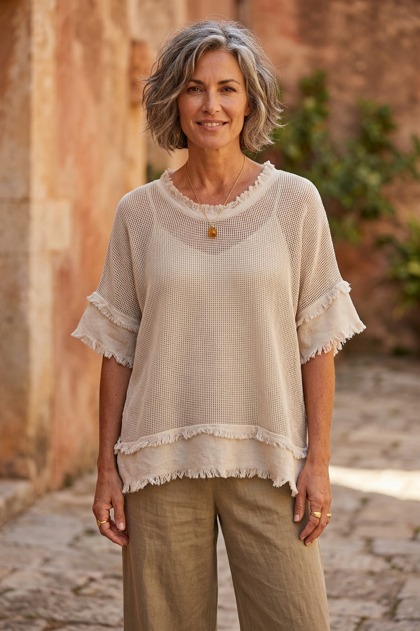 Frayed Trim Mesh Top with Vest