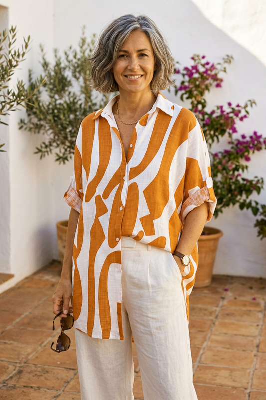 Abstract Print Longline Linen Shirt