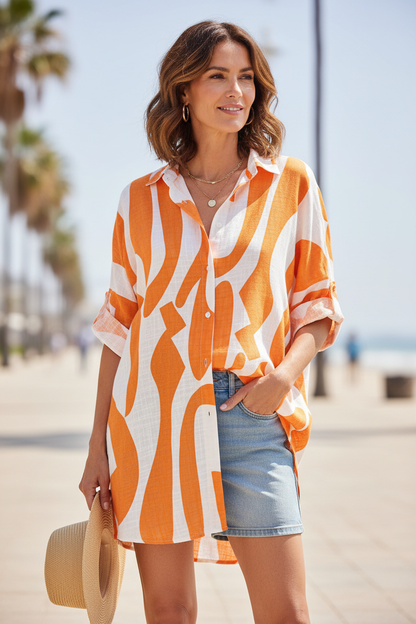 Abstract Print Longline Linen Shirt