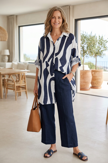 Abstract Print Longline Linen Shirt