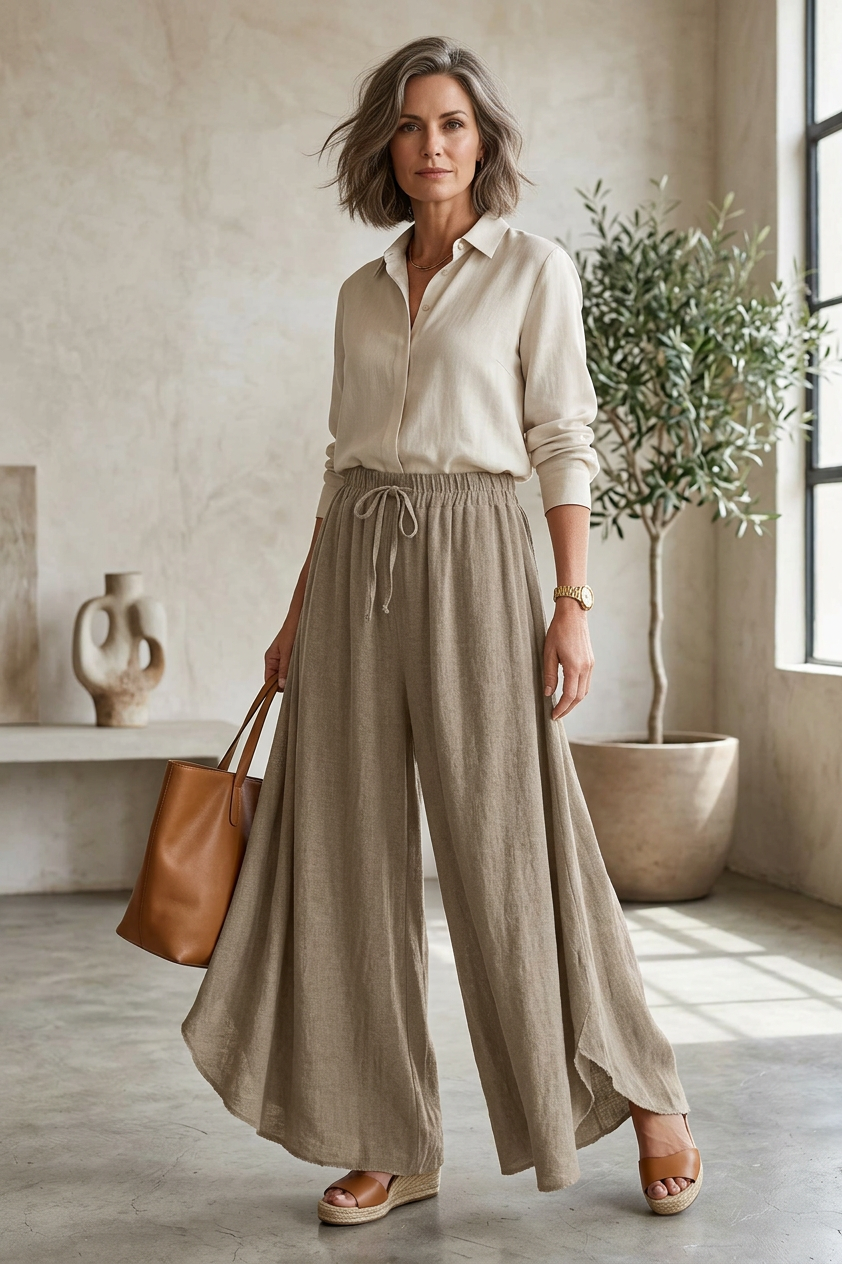 Side Slit Wide Leg Teabag Linen Trouser