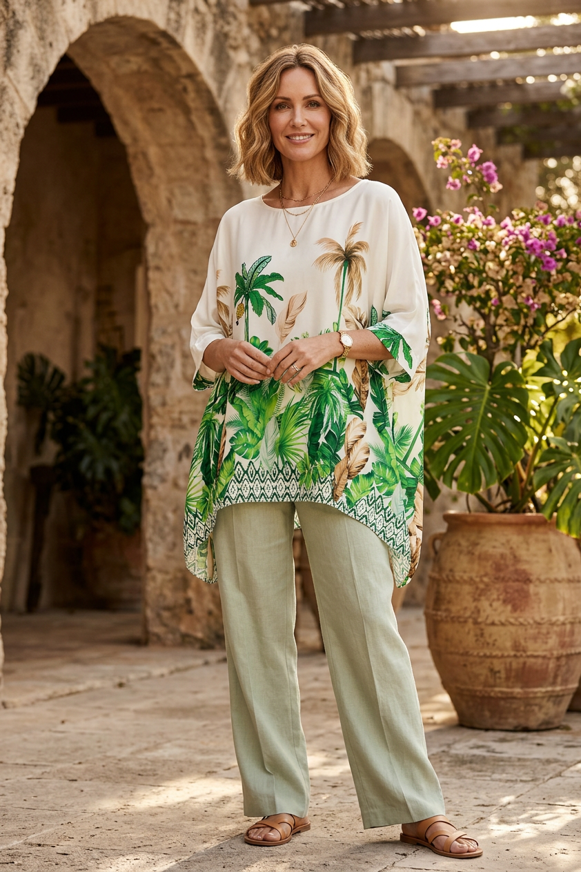 Tropical Palm Print Viscose Blouse