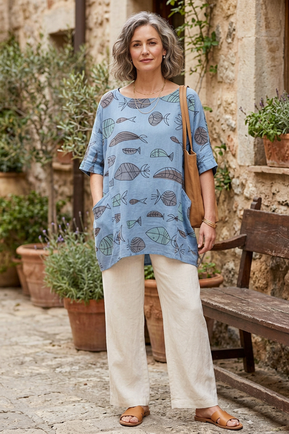 2 Pocket Fish Print Cotton Blouse