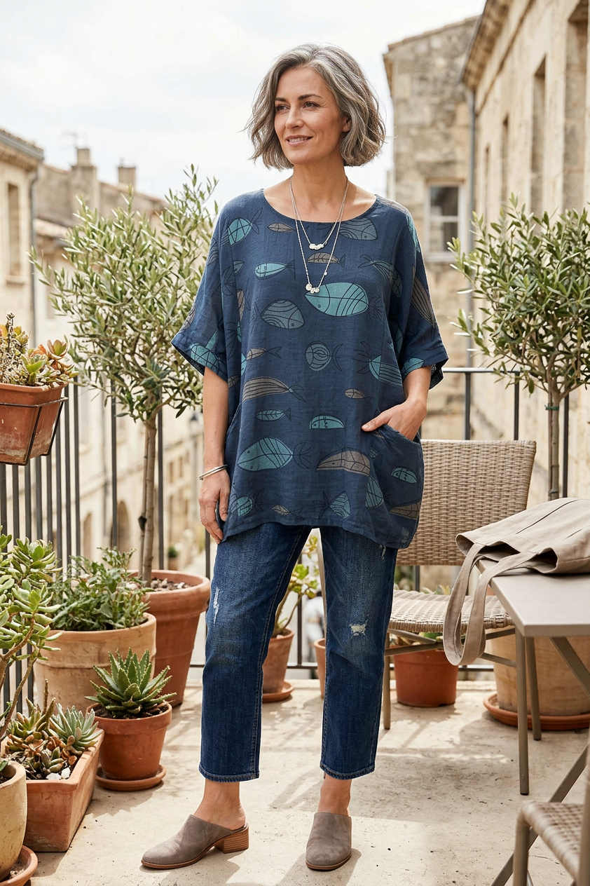 2 Pocket Fish Print Cotton Blouse
