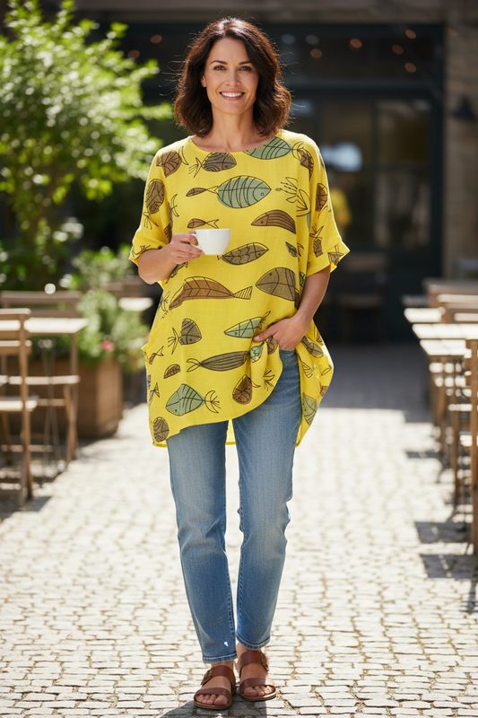 2 Pocket Fish Print Cotton Blouse