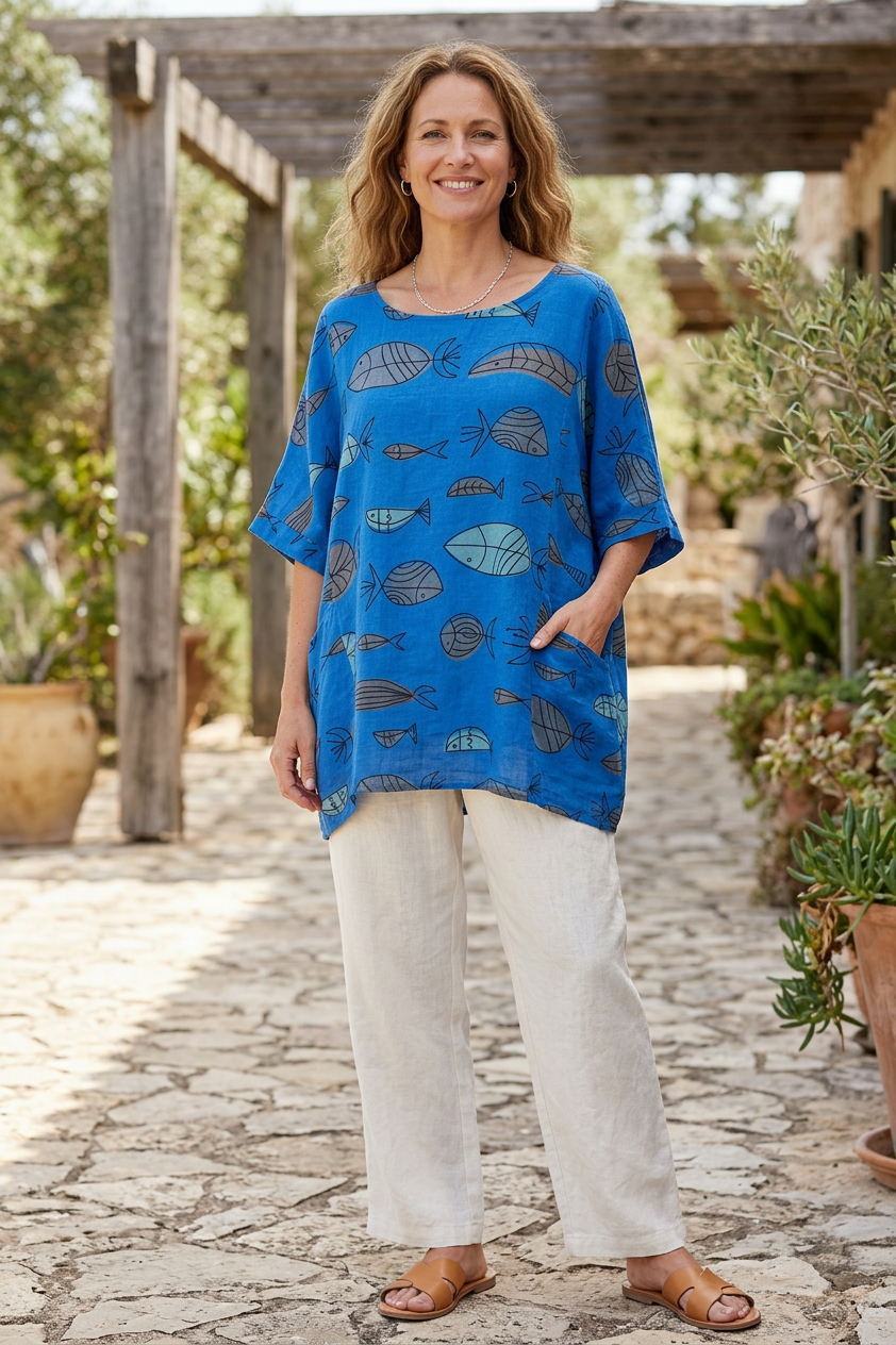 2 Pocket Fish Print Cotton Blouse