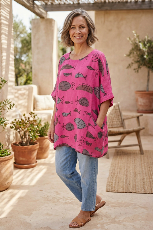 2 Pocket Fish Print Cotton Blouse