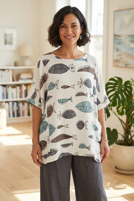 2 Pocket Fish Print Cotton Blouse