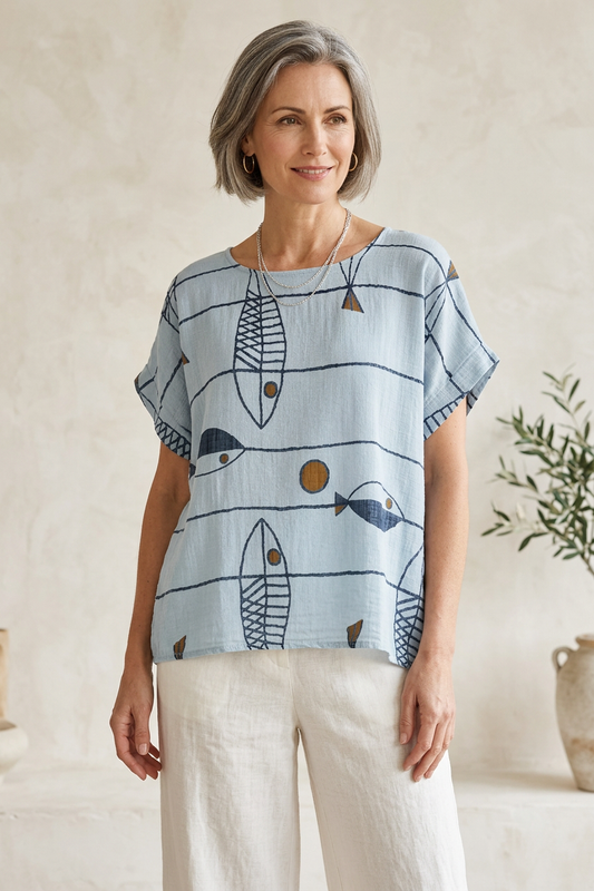 Fish Print Cotton Top