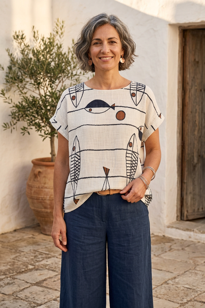 Fish Print Cotton Top