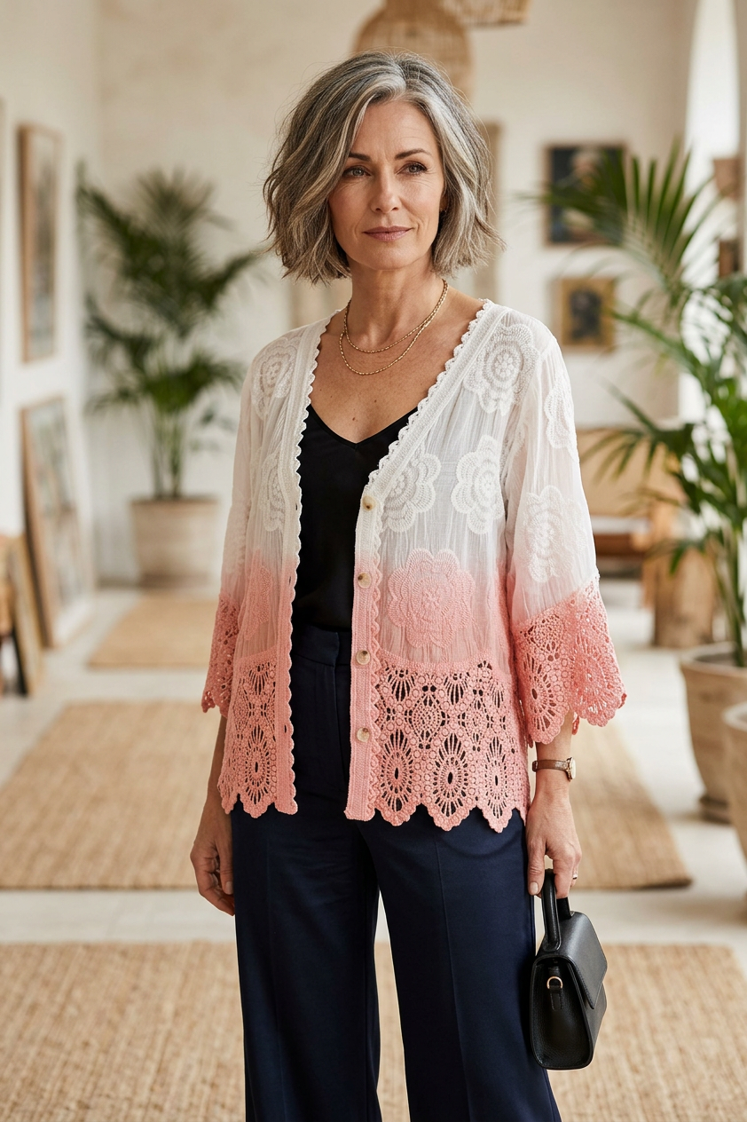 Dip Dye Crochet Trim Cotton Shirt