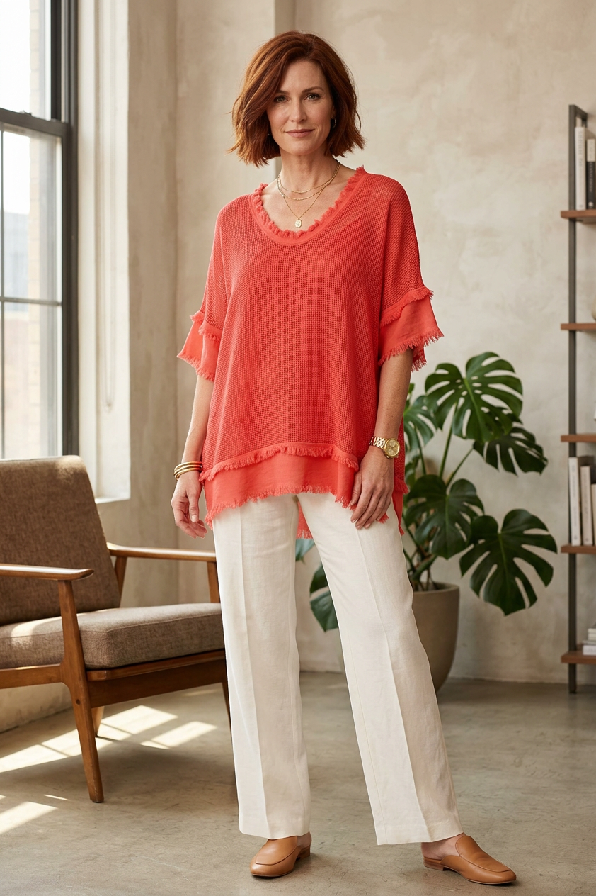 Frayed Trim Mesh Top with Vest