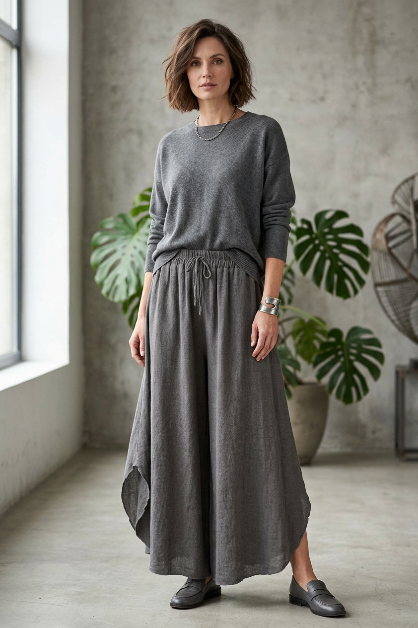 Side Slit Wide Leg Teabag Linen Trouser