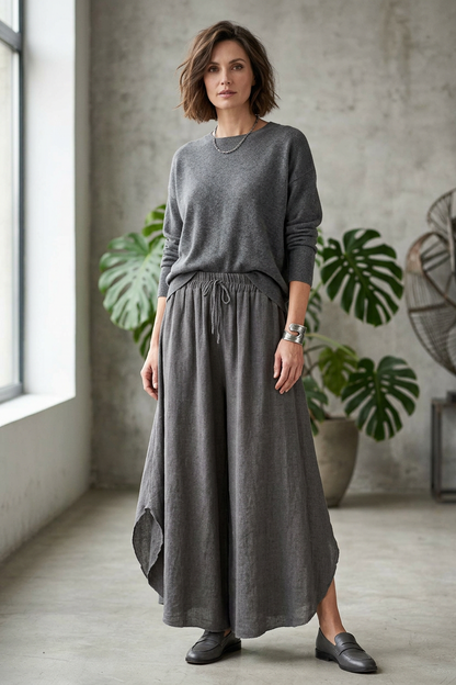 Side Slit Wide Leg Teabag Linen Trouser