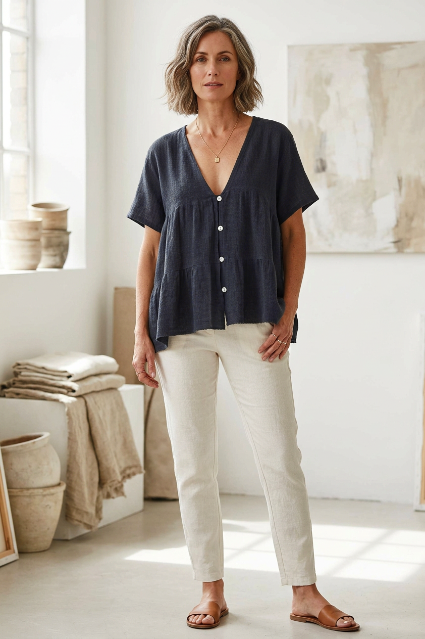 Button Tiered Linen Top