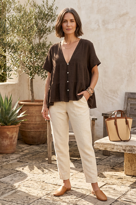 Button Tiered Hopsack Linen Top
